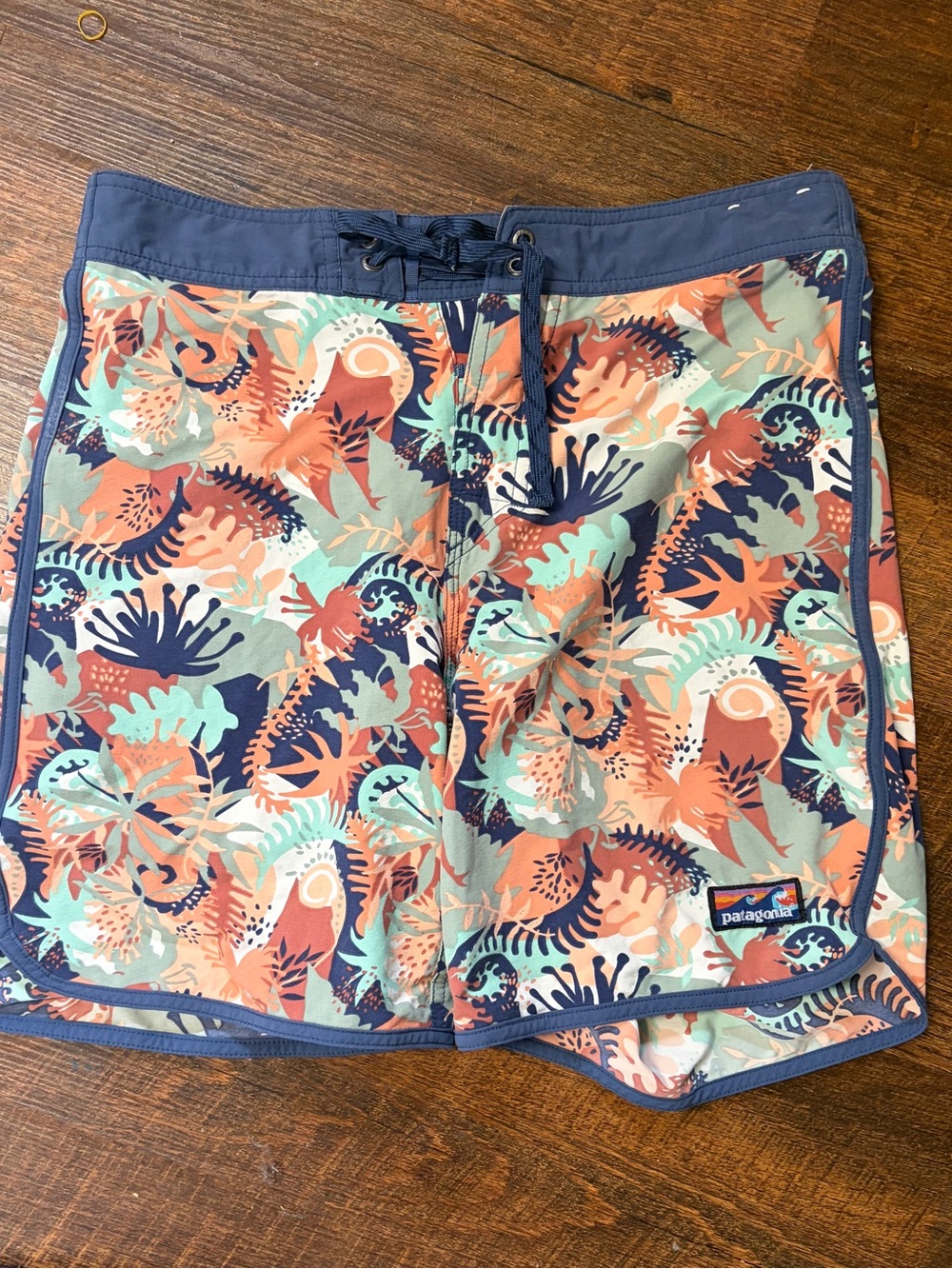 Patagonia Coral, Aqua & Navy Reef Print Board Shorts
